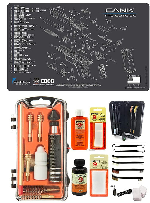 Outlaw 28 Pc Pistol Cleaning Kit - Compatible for Canik TP9 Elite SC - Schematic (Exploded View) Mat, Calibers 9MM to .45 & Tac Pak Pistol Cleaning Essentials Kit