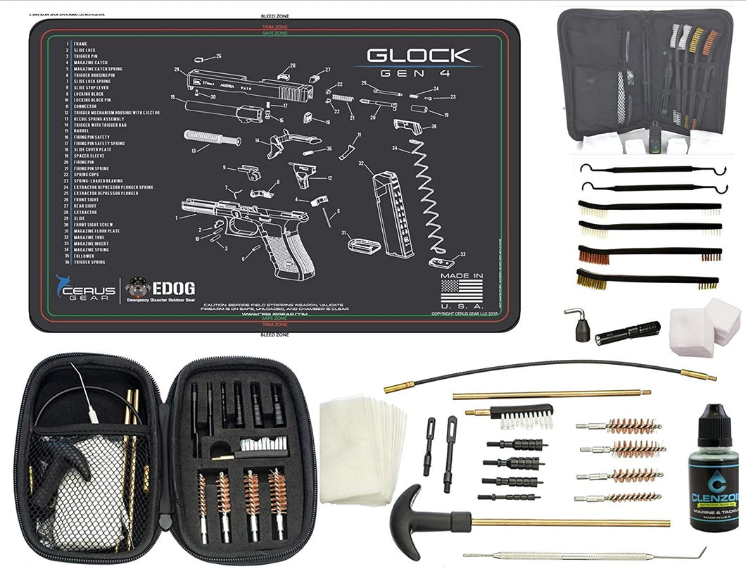 EDOG Premier 30 Pc Gun Cleaning System - Compatible with Gen4 - Schematic (Exploded View) Mat, Range Warrior Universal .22 9mm - .45 Kit & Tac Book Accessories Set
