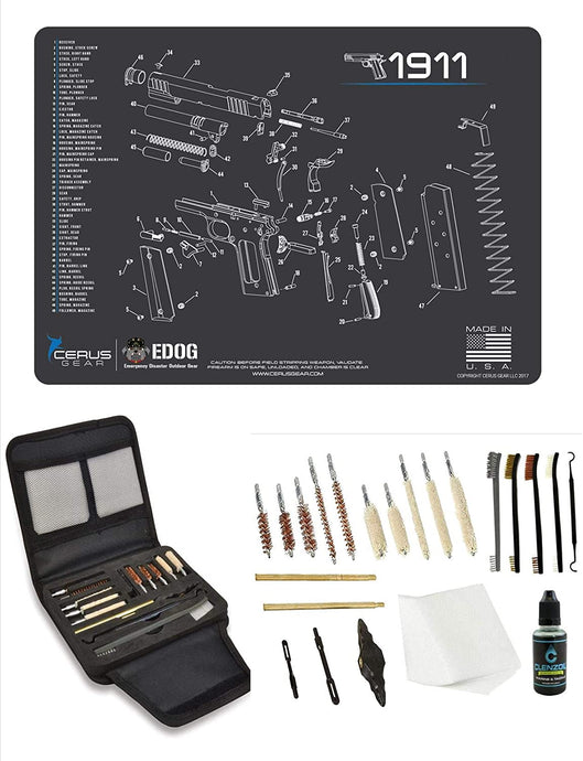 EDOG Gunslinger 20 PC Gun Cleaning Kit - Pistol Mat Compatible with 1911 - Schematic (Exploded View) Mat, Gunslinger Universal .22 .38 .357 9mm .40 & .45 Caliber Kit