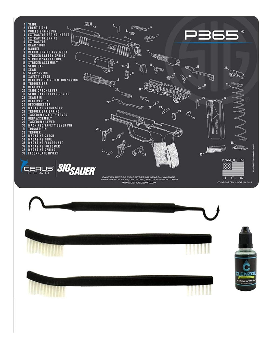 EDOG SIG P365 5 PC Cerus Gear Schematic (Exploded View) Heavy Duty Pistol Cleaning 12x17 Padded Gun-Work Surface Protector Mat Solvent & Oil Resistant & 3 PC Cleaning Essentials & Clenzoil