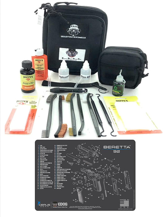 RangeMaster Elite EDC Bag Gun Cleaning Kit- Compatible for Beretta 92 - Schematic Mat (Exploded View) with Hoppes Gun Oil No.9 Solvent & Patches Clenzoil CLP 10 Pc Cleaning Accessories Set