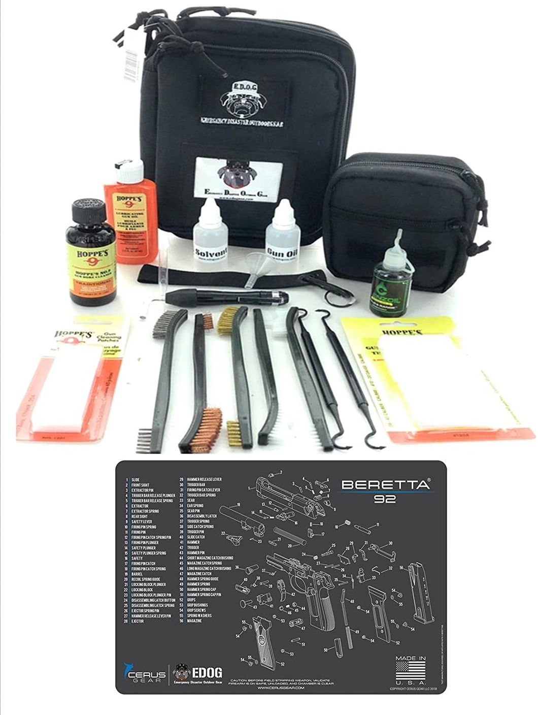 RangeMaster Elite EDC Bag Gun Cleaning Kit- Compatible for Beretta 92 - Schematic Mat (Exploded View) with Hoppes Gun Oil No.9 Solvent & Patches Clenzoil CLP 10 Pc Cleaning Accessories Set