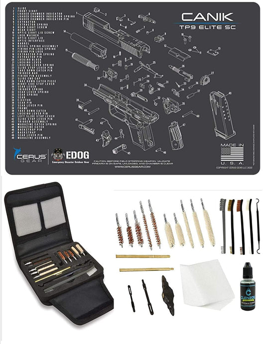 EDOG Gunslinger 20 PC Gun Cleaning Kit - Pistol Mat Compatible with Canik TP9 Elite SC - Schematic (Exploded View) Mat, Gunslinger Universal .22 .38 .357 9mm .40 & .45 Caliber Kit