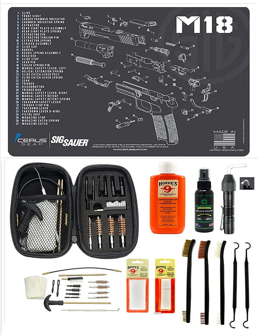 EDOG USA BANDIT 29 Pc Pistol Cleaning System - Compatible with Sig Sauer M18 - Schematic (Exploded View) Mat, Range Warrior Universal .22 9mm - .45 Kit & Clenzoil CLP & Hoppes Gun Oil & Patchs