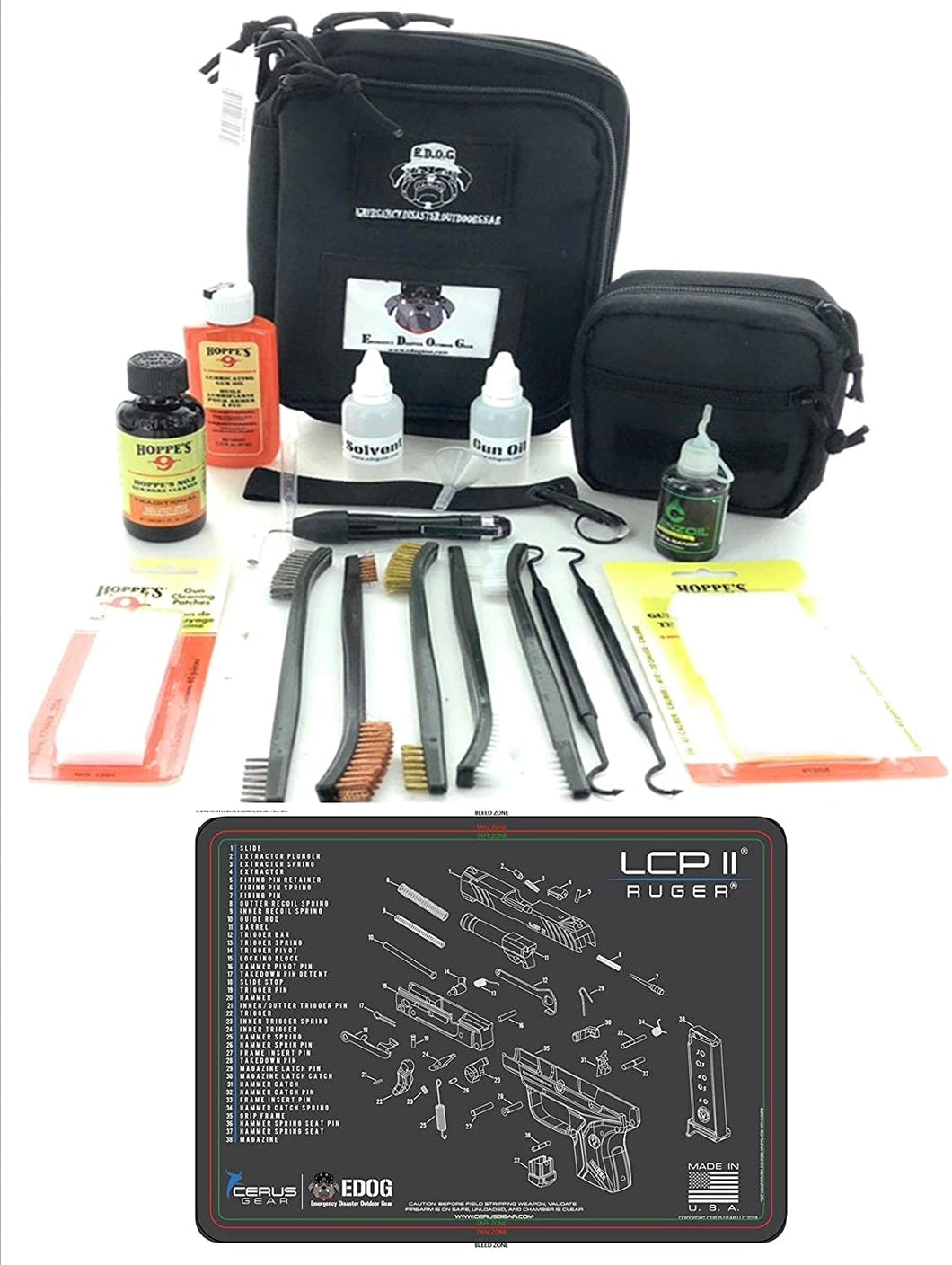 RangeMaster Elite EDC Bag Gun Cleaning Kit- Compatible for Ruger LCP II - Schematic Mat (Exploded View) with Hoppes Gun Oil No.9 Solvent & Patches Clenzoil CLP 10 Pc Cleaning Accessories Set