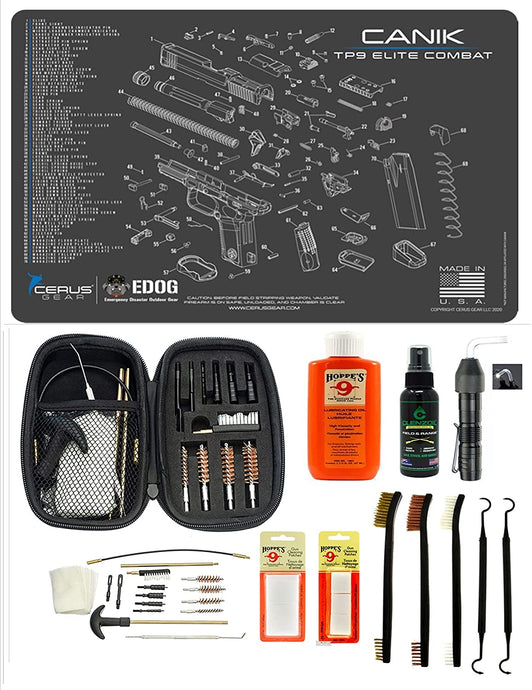 EDOG USA BANDIT 29 Pc Pistol Cleaning System - Compatible with Canik TP9 Elite Combat - Schematic (Exploded View) Mat, Range Warrior Universal .22 9mm - .45 Kit & Clenzoil CLP & Hoppes Gun Oil & Patchs