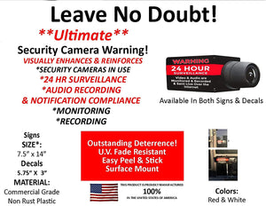 4 Security Camera Video System Decal Stickers 6"x3" CCTV Live Internet Transmission Digital Recording & Audio Deterrence Warning Sticker Decals Commercial Grade “Leave No Doubt 24 Hr Surveillance”