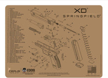 Load image into Gallery viewer, Range Warrior 27 Pc Gun Cleaning Kit - Compatible with Springfield Arnory XD - Tan - Schematic (Exploded View) Mat .22 9mm - .45 Kit
