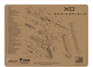 Range Warrior 27 Pc Gun Cleaning Kit - Compatible with Springfield Arnory XD - Tan - Schematic (Exploded View) Mat .22 9mm - .45 Kit