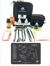 Load image into Gallery viewer, RangeMaster Elite EDC Bag Gun Cleaning Kit- Compatible for Sig Sauer P320 - Schematic Mat (Exploded View) with Hoppes Gun Oil No.9 Solvent &amp; Patches Clenzoil CLP 10 Pc Cleaning Accessories Set