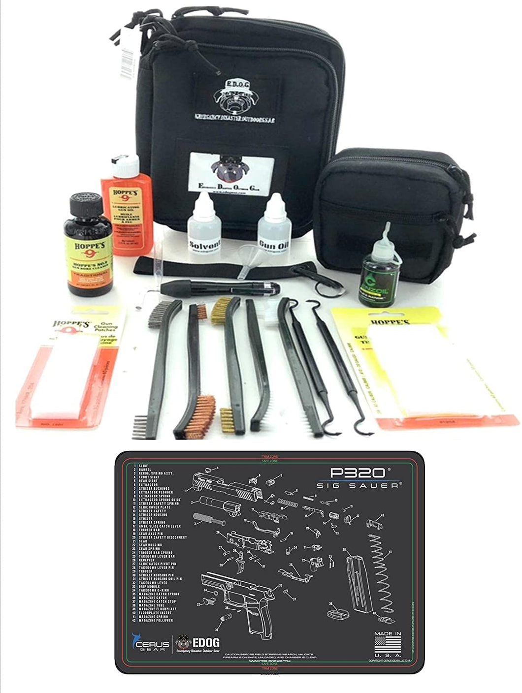 RangeMaster Elite EDC Bag Gun Cleaning Kit- Compatible for Sig Sauer P320 - Schematic Mat (Exploded View) with Hoppes Gun Oil No.9 Solvent & Patches Clenzoil CLP 10 Pc Cleaning Accessories Set