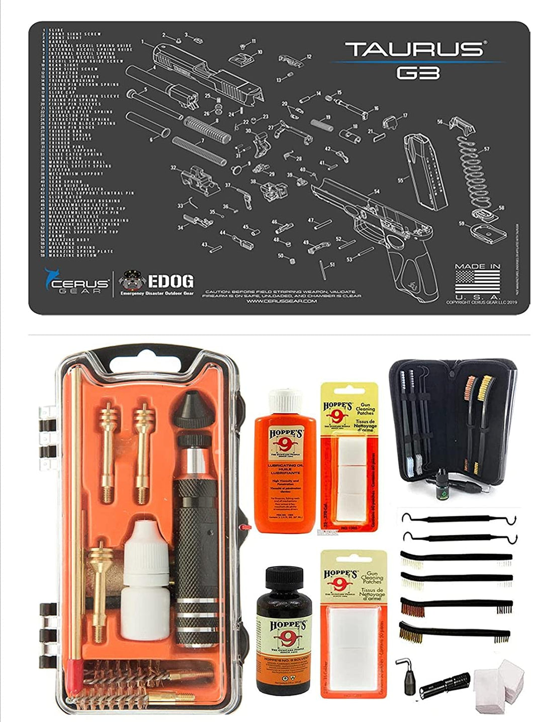 EDOG USA Outlaw 28 Pc Pistol Cleaning Kit - Compatible for Taurus G3 - Schematic (Exploded View) Mat, Calibers 9MM to .45 Easy & Tac Pak Pistol Cleaning Essentials Kit