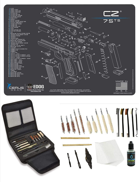 EDOG Gunslinger 20 PC Gun Cleaning Kit - Pistol Mat Compatible with CZ 75 TS - Schematic (Exploded View) Mat, Gunslinger Universal .22 .38 .357 9mm .40 & .45 Caliber Kit