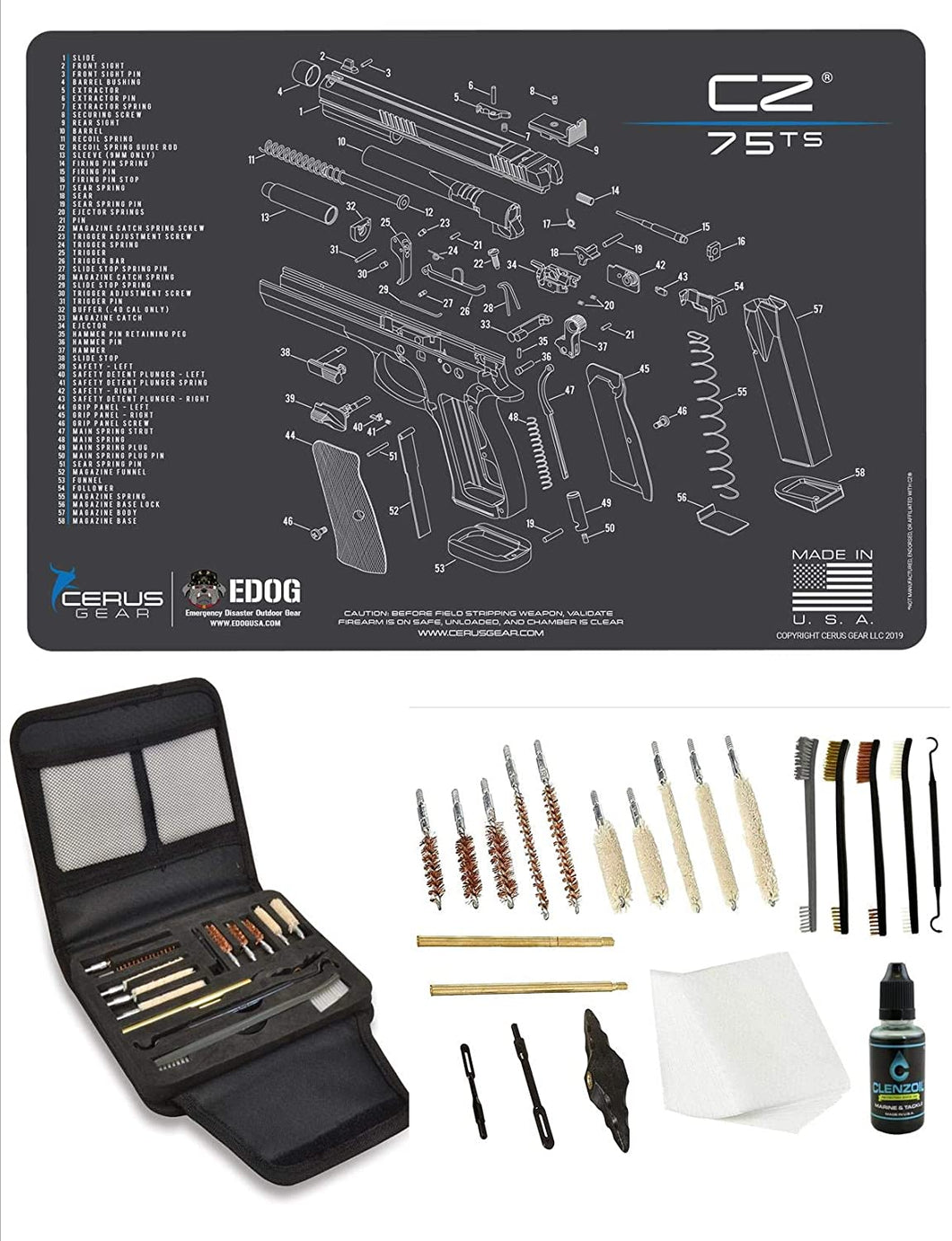 EDOG Gunslinger 20 PC Gun Cleaning Kit - Pistol Mat Compatible with CZ 75 TS - Schematic (Exploded View) Mat, Gunslinger Universal .22 .38 .357 9mm .40 & .45 Caliber Kit