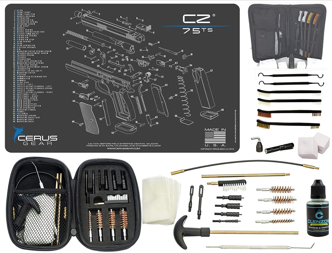 EDOG Premier 30 Pc Gun Cleaning System - Compatible with CZ 75 TS - Schematic (Exploded View) Mat, Range Warrior Universal .22 9mm - .45 Kit & Tac Book Accessories Set