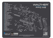 Load image into Gallery viewer, RangeMaster Elite EDC Bag Gun Cleaning Kit- Compatible for Walther PPQ Mod 2 - Schematic Mat (Exploded View) with Hoppes Gun Oil No.9 Solvent &amp; Patches Clenzoil CLP 10 Pc Cleaning Accessories Set