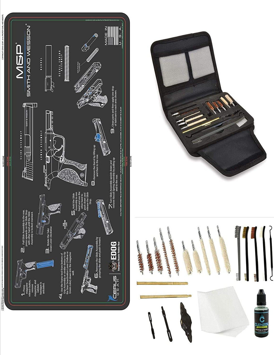 EDOG Gunslinger 20 PC Gun Cleaning Kit - Pistol Mat Compatible with S&W M&P - Instructional Step by Step Pistol Mat, Gunslinger Universal .22 .38 .357 9mm .40 & .45 Caliber Kit