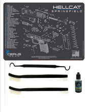 Load image into Gallery viewer, EDOG Springfield Hellcat 5 PC Cerus Gear Schematic Exploded View Heavy Duty Pistol Cleaning 12x17 Padded Gun-Work Surface Protector Mat Solvent &amp; Oil Resistant &amp; 3 PC Cleaning Essentials &amp; Clenzoil