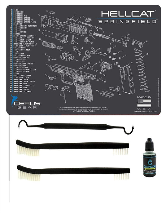 EDOG Springfield Hellcat 5 PC Cerus Gear Schematic Exploded View Heavy Duty Pistol Cleaning 12x17 Padded Gun-Work Surface Protector Mat Solvent & Oil Resistant & 3 PC Cleaning Essentials & Clenzoil
