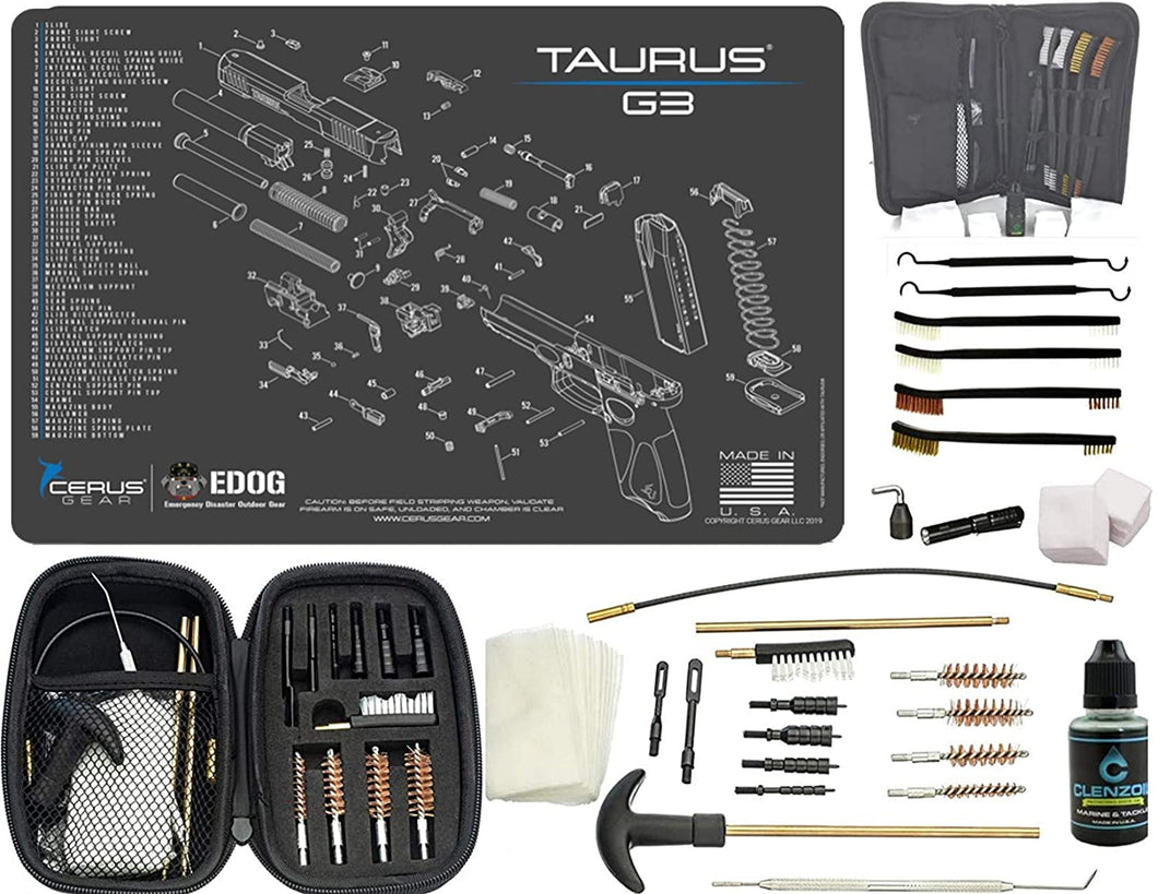 EDOG Premier 30 Pc Gun Cleaning System - Compatible with Taurus G3 - Schematic (Exploded View) Mat, Range Warrior Universal .22 9mm - .45 Kit & Tac Book Accessories Set