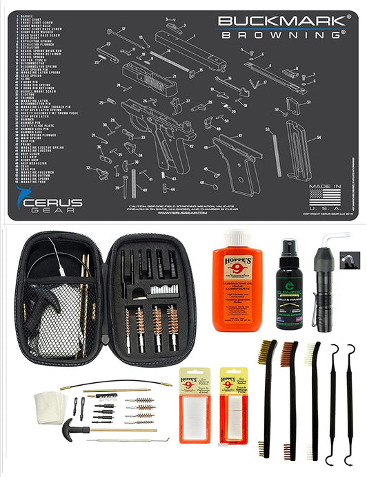 EDOG USA BANDIT 29 Pc Pistol Cleaning System - Compatible with Browning Buckmark - Schematic (Exploded View) Mat, Range Warrior Universal .22 9mm - .45 Kit & Clenzoil CLP & Hoppes Gun Oil & Patchs