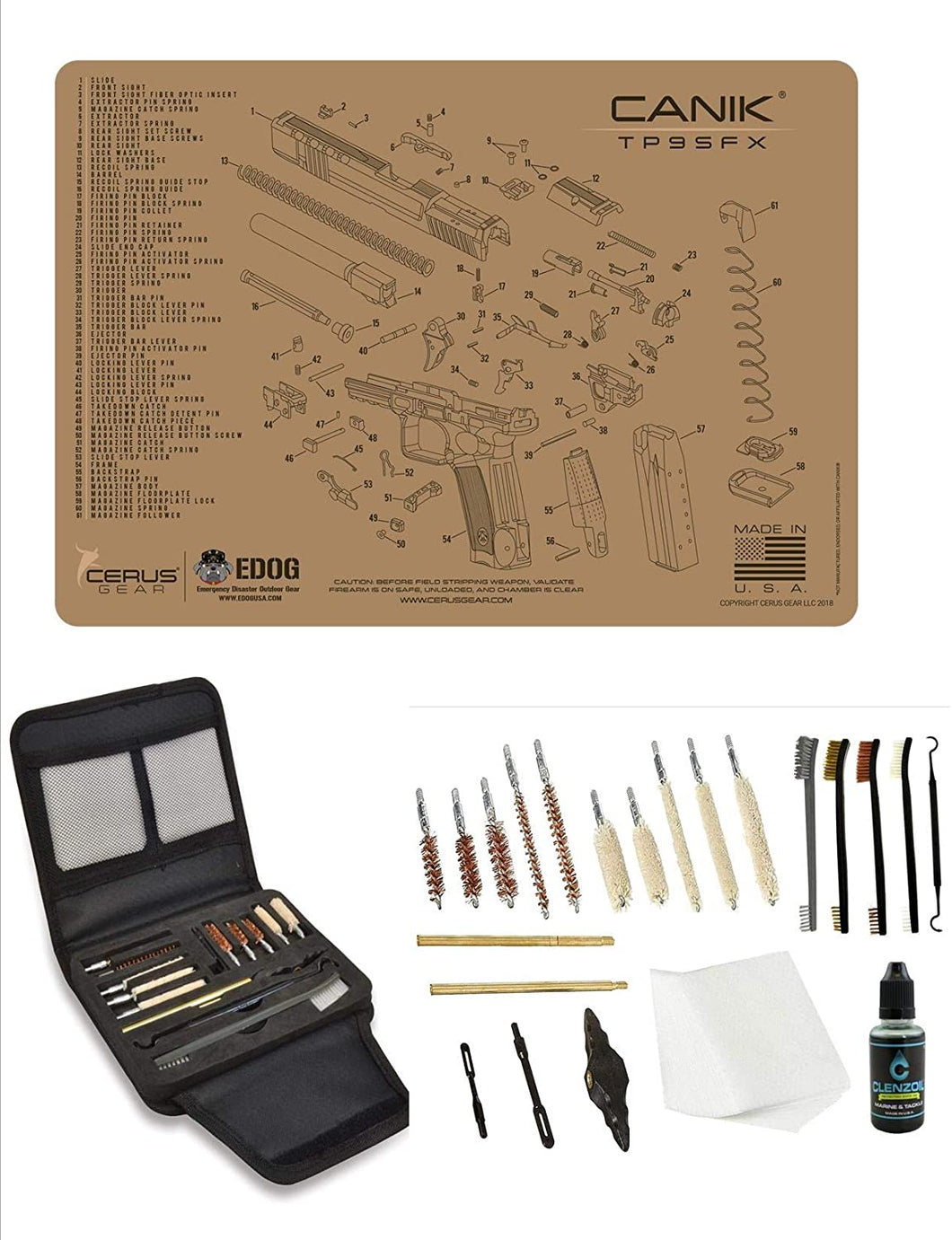 EDOG Gunslinger 20 PC Gun Cleaning Kit - Pistol Mat Compatible with Canik TP9 - Tan - Schematic (Exploded View) Mat, Gunslinger Universal .22 .38 .357 9mm .40 & .45 Caliber Kit