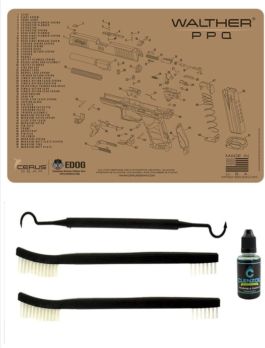 EDOG PPQ Tan Flat Dark Earth 5 PC Schematic (Exploded View) Heavy Duty Pistol Cleaning 12x17 Padded Gun-Work Surface Protector Mat Solvent & Oil Resistant & 3 PC Cleaning Essentials & Clenzoil