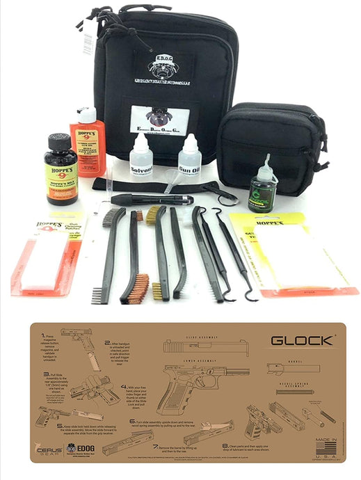 RangeMaster Elite EDC Bag Gun Cleaning Kit- Compatible for All Glock Pistols - Tan Instructional Step by Step Mat with Hoppes Gun Oil No.9 Solvent & Clenzoil CLP 10 Pc Cleaning Accessories Set