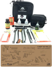 Load image into Gallery viewer, RangeMaster Elite EDC Bag Gun Cleaning Kit- Compatible for S&amp;W M&amp;P Shield Tan Instructional Step by Step Mat with Hoppes Gun Oil No.9 Solvent &amp; Patchs Clenzoil CLP 10 Pc Cleaning Accessories Set