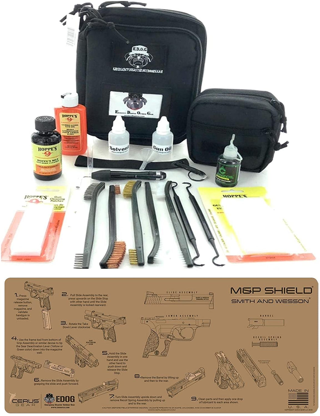 RangeMaster Elite EDC Bag Gun Cleaning Kit- Compatible for S&W M&P Shield Tan Instructional Step by Step Mat with Hoppes Gun Oil No.9 Solvent & Patchs Clenzoil CLP 10 Pc Cleaning Accessories Set