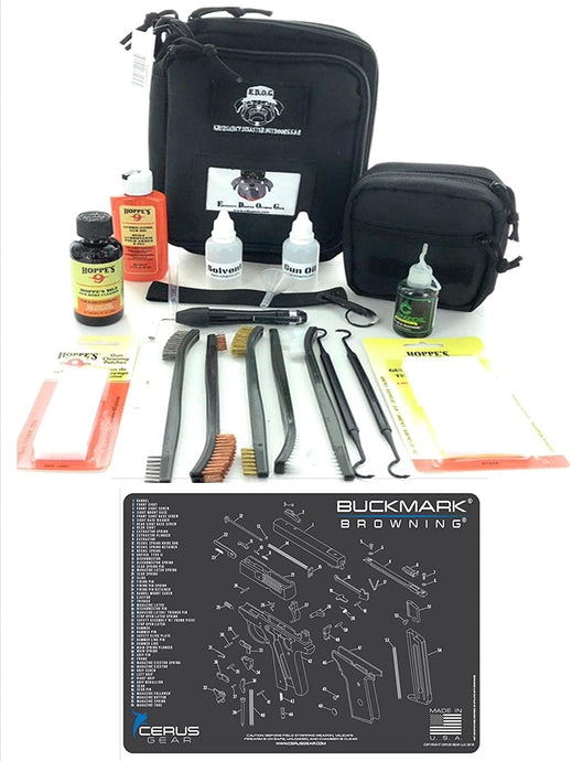 RangeMaster Elite EDC Bag Gun Cleaning Kit- Compatible for Browning Buckmark - Schematic Mat (Exploded View) with Hoppes Gun Oil No.9 Solvent & Patches Clenzoil CLP 10 Pc Cleaning Accessories Set