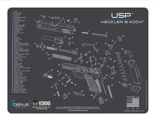 Load image into Gallery viewer, RangeMaster Elite EDC Bag Gun Cleaning Kit- Compatible for Heckler &amp; Koch HK USP Schematic Mat (Exploded View) with Hoppes Gun Oil No.9 Solvent &amp; Patches Clenzoil CLP 10 Pc Cleaning Accessories Set