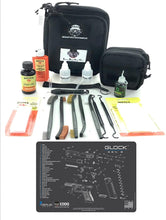 Load image into Gallery viewer, RangeMaster Elite EDC Bag Gun Cleaning Kit- Compatible for Gen 3 - Schematic Mat (Exploded View) with Hoppes Gun Oil No.9 Solvent &amp; Patches Clenzoil CLP 10 Pc Cleaning Accessories Set