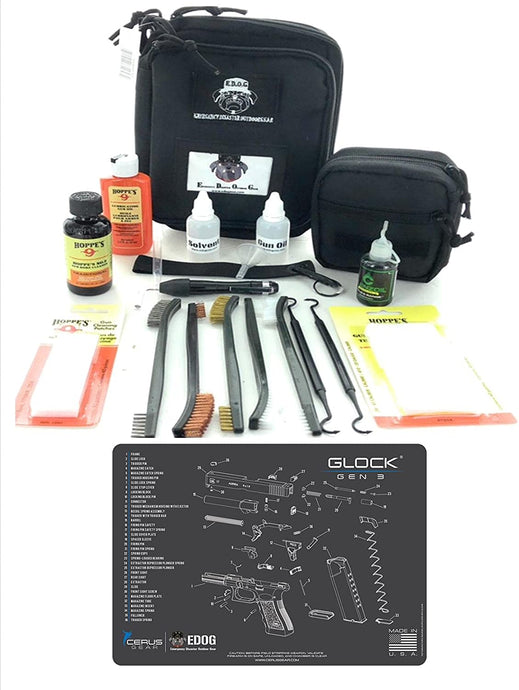 RangeMaster Elite EDC Bag Gun Cleaning Kit- Compatible for Gen 3 - Schematic Mat (Exploded View) with Hoppes Gun Oil No.9 Solvent & Patches Clenzoil CLP 10 Pc Cleaning Accessories Set