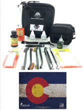 Load image into Gallery viewer, RangeMaster Elite EDC Bag Gun Cleaning Kit- Colorado State Flag Honor &amp; Pride Pistol Mat &amp; with Hoppes Gun Oil No.9 Solvent &amp; Patches Clenzoil CLP 10 Pc Cleaning Accessories Set