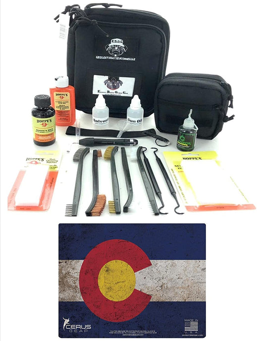 RangeMaster Elite EDC Bag Gun Cleaning Kit- Colorado State Flag Honor & Pride Pistol Mat & with Hoppes Gun Oil No.9 Solvent & Patches Clenzoil CLP 10 Pc Cleaning Accessories Set