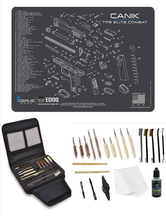EDOG Gunslinger 20 PC Gun Cleaning Kit - Pistol Mat Compatible with Canik TP9 Elite Combat - Schematic (Exploded View) Mat, Gunslinger Universal .22 .38 .357 9mm .40 & .45 Caliber Kit
