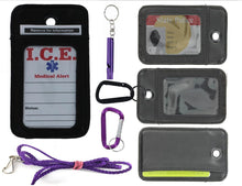 Load image into Gallery viewer, EDOG I.C.E. Lost Child &amp; Medical Alert Parent Locator Neck Wallet | Lanyard | Key Chain | Carabiner | I.C.E. Cards | Leather | Emergency Contacts | Medical | Allergy | Meds | Language
