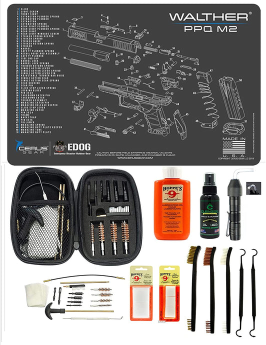 EDOG USA BANDIT 29 Pc Pistol Cleaning System - Compatible with Walther PPQ Mod 2 - Schematic (Exploded View) Mat, Range Warrior Universal .22 9mm - .45 Kit & Clenzoil CLP & Hoppes Gun Oil & Patchs