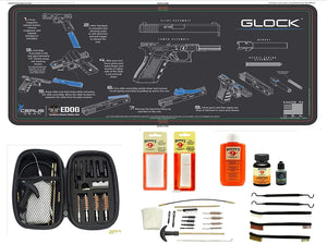Range Warrior 27 Pc Gun Cleaning Kit - Compatible with All Glock Pistols - Tan Instructional Step by Step Pistol Mat .22 9mm - .45 Kit
