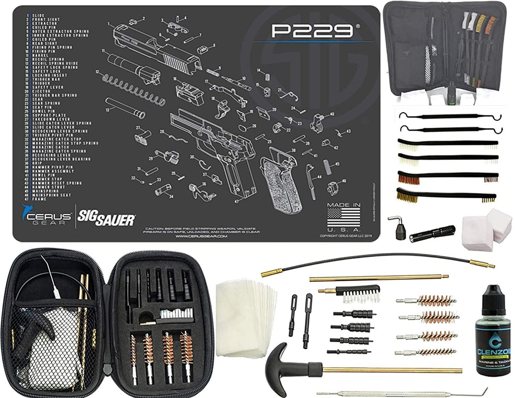EDOG Premier 30 Pc Gun Cleaning System - Compatible with Sig Sauer P229 - Schematic (Exploded View) Mat, Range Warrior Universal .22 9mm - .45 Kit & Tac Book Accessories Set