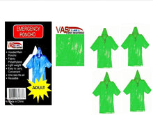 Load image into Gallery viewer, VAS First Response Rain Poncho | 4 Pack | 5 Mil Double Strength Hood | 3mil | Adult &amp; Child Sizes