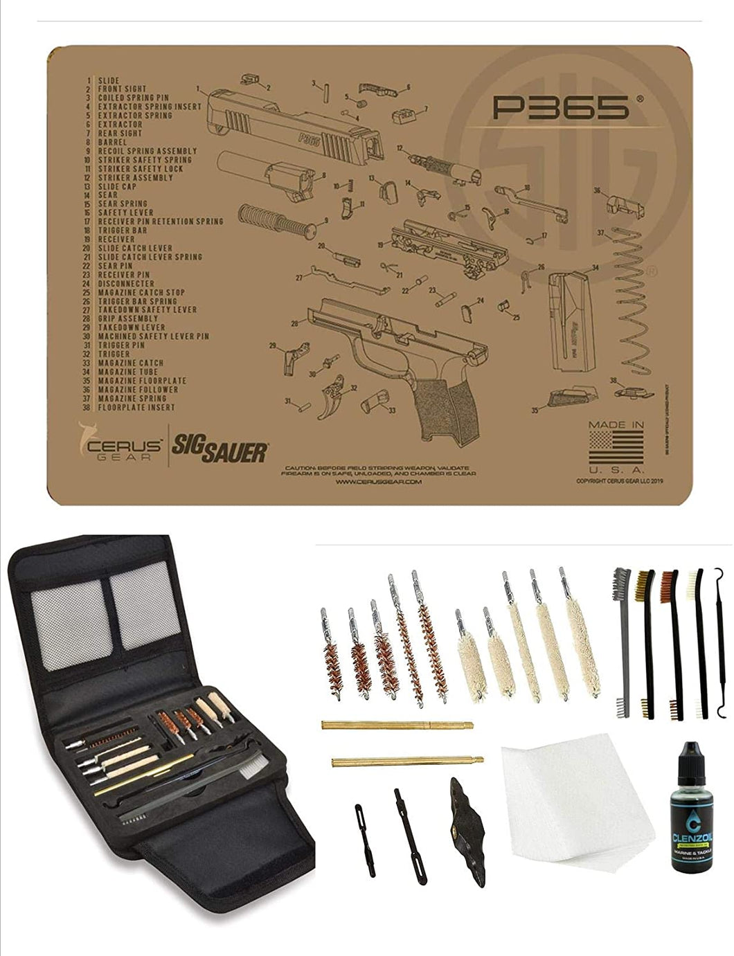 EDOG Gunslinger 20 PC Gun Cleaning Kit - Pistol Mat Compatible with Sig Sauer P365 Tan Flat Dark Earth - Schematic (Exploded View) Mat, Gunslinger Universal .22 .38 .357 9mm .40 & .45 Caliber Kit