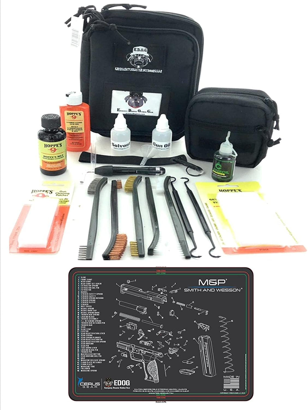 RangeMaster Elite EDC Bag Gun Cleaning Kit- Compatible for S&W M&P - Schematic Mat (Exploded View) with Hoppes Gun Oil No.9 Solvent & Patches Clenzoil CLP 10 Pc Cleaning Accessories Set