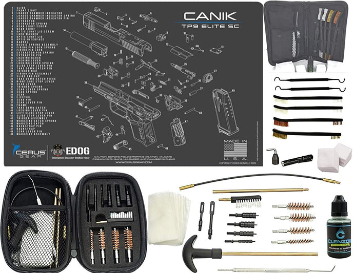 EDOG Premier 30 Pc Gun Cleaning System - Compatible with Canik TP9 Elite SC - Schematic (Exploded View) Mat, Range Warrior Universal .22 9mm - .45 Kit & Tac Book Accessories Set