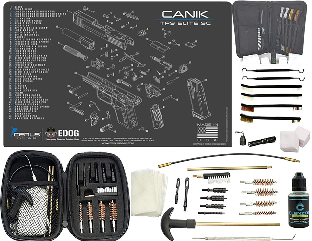 EDOG Premier 30 Pc Gun Cleaning System - Compatible with Canik TP9 Elite SC - Schematic (Exploded View) Mat, Range Warrior Universal .22 9mm - .45 Kit & Tac Book Accessories Set