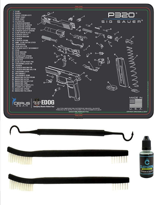 EDOG USA Compatible for Sig Sauer P320-5 PC Cerus Gear Schematic (Exploded View) Pistol Cleaning Mat 12x17 Work Surface Protector Mat Solvent & Oil Resistant & 3 PC Cleaning Essentials & Clenzoil