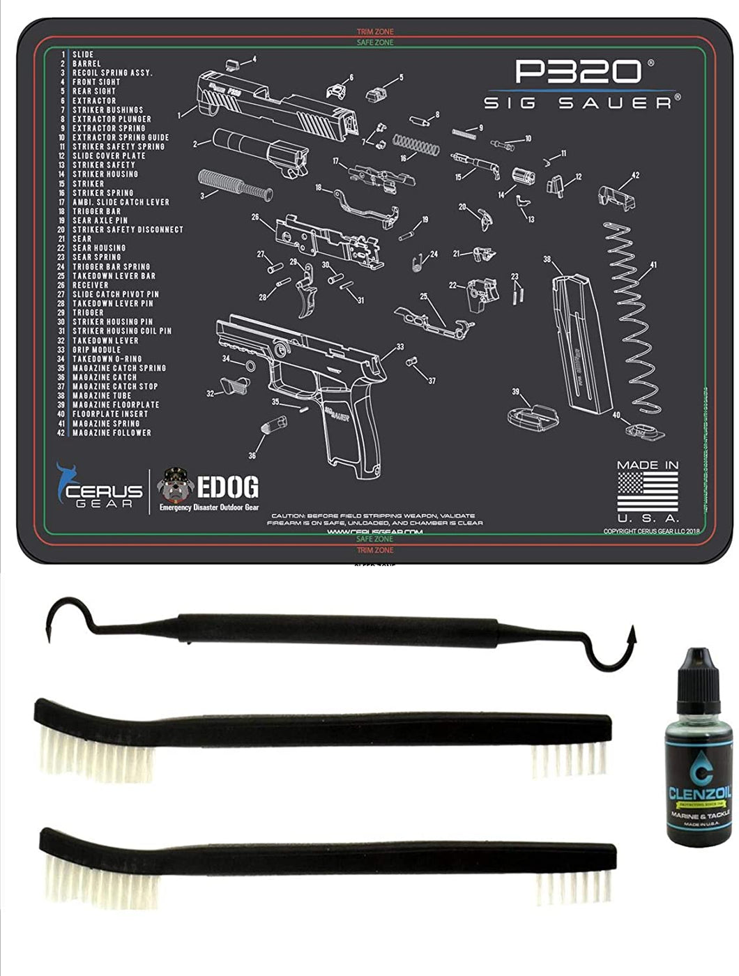 EDOG USA Compatible for Sig Sauer P320-5 PC Cerus Gear Schematic (Exploded View) Pistol Cleaning Mat 12x17 Work Surface Protector Mat Solvent & Oil Resistant & 3 PC Cleaning Essentials & Clenzoil