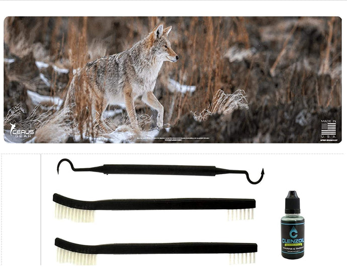 EDOG Stalking Coyote Wildlife Magnum XXL Schematic (Exploded View) Heavy Duty XXL Magnum Rifle Cleaning 12”x48” Padded Gun-Work Surface Protector Mat Solvent & Oil Resistant & 4 Pc Cleaning Essentials