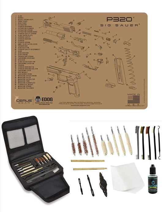 EDOG Gunslinger 20 PC Gun Cleaning Kit - Pistol Mat Compatible with Sig Sauer P320 Tan - Schematic (Exploded View) Mat, Gunslinger Universal .22 .38 .357 9mm .40 & .45 Caliber Kit